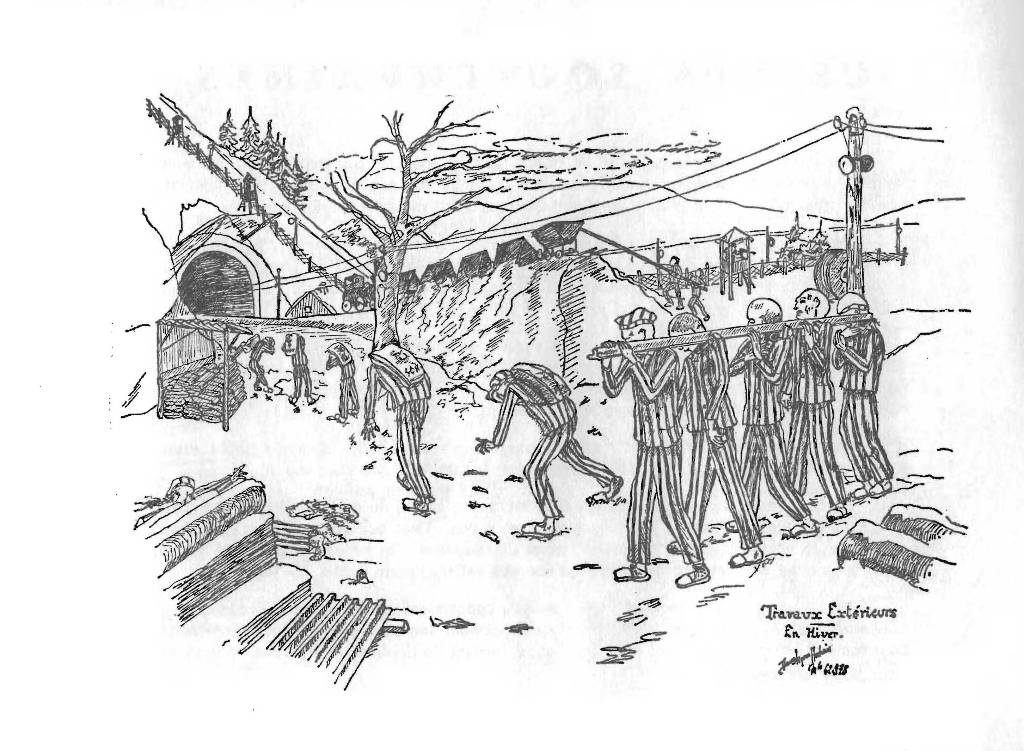 The prisoners worked in their thousands in the construction of the Roggendorf tunnel system. The drawing by Daniel Piquee-Audrain, ‘Travaux extérieurs en hiver’, shows forced labour outside Tunnel A.