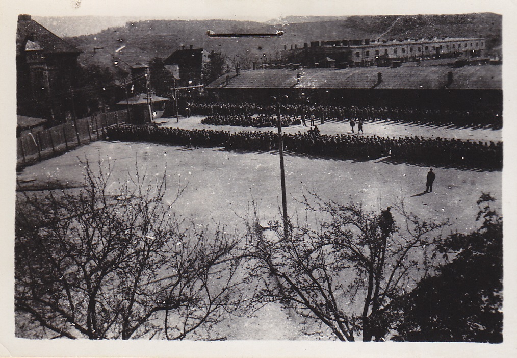 Melk concentration camp prisoners at roll call on the parade ground in the protective custody camp. Photo: NARA, Kurt Zalud, April 1945.